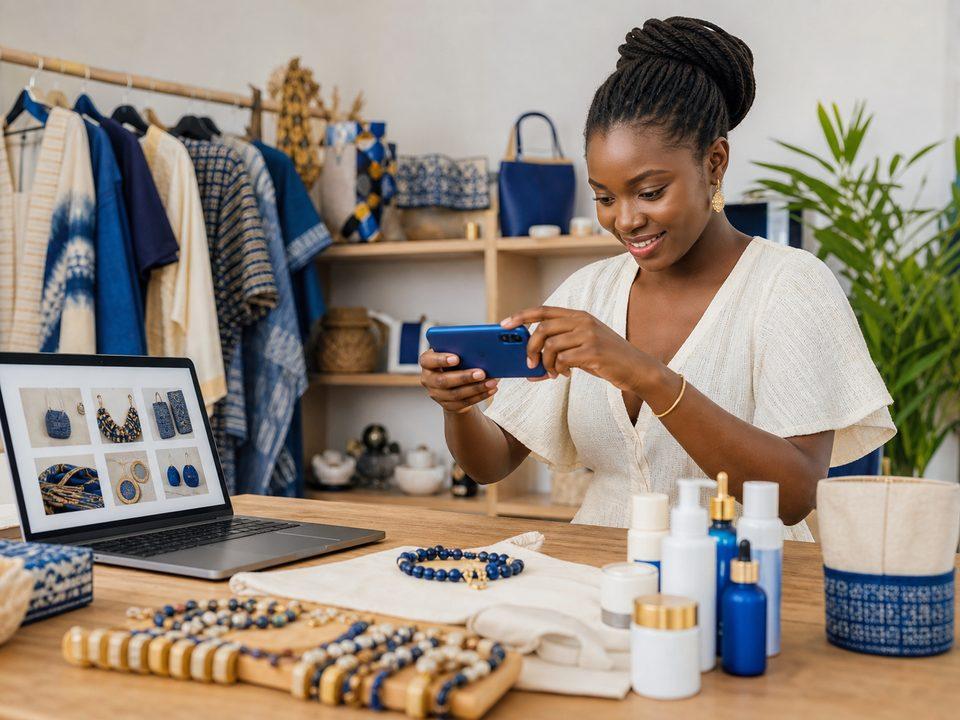 Entrepreneuse qui prépare une photo produit pour sa vitrine.