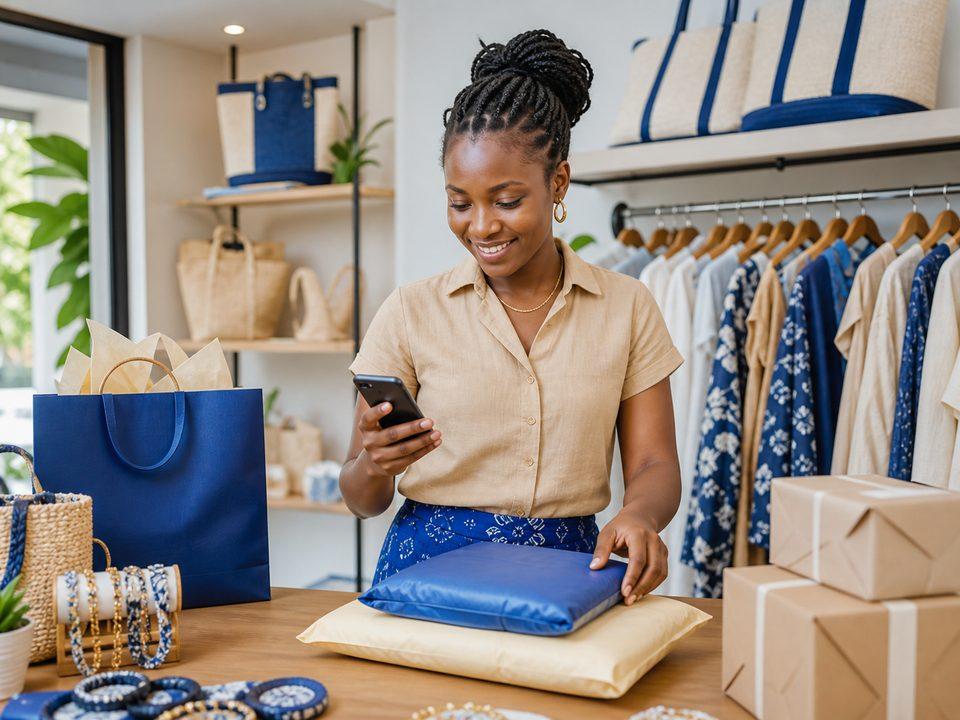 Entrepreneuse qui prépare une commande reçue depuis son téléphone.