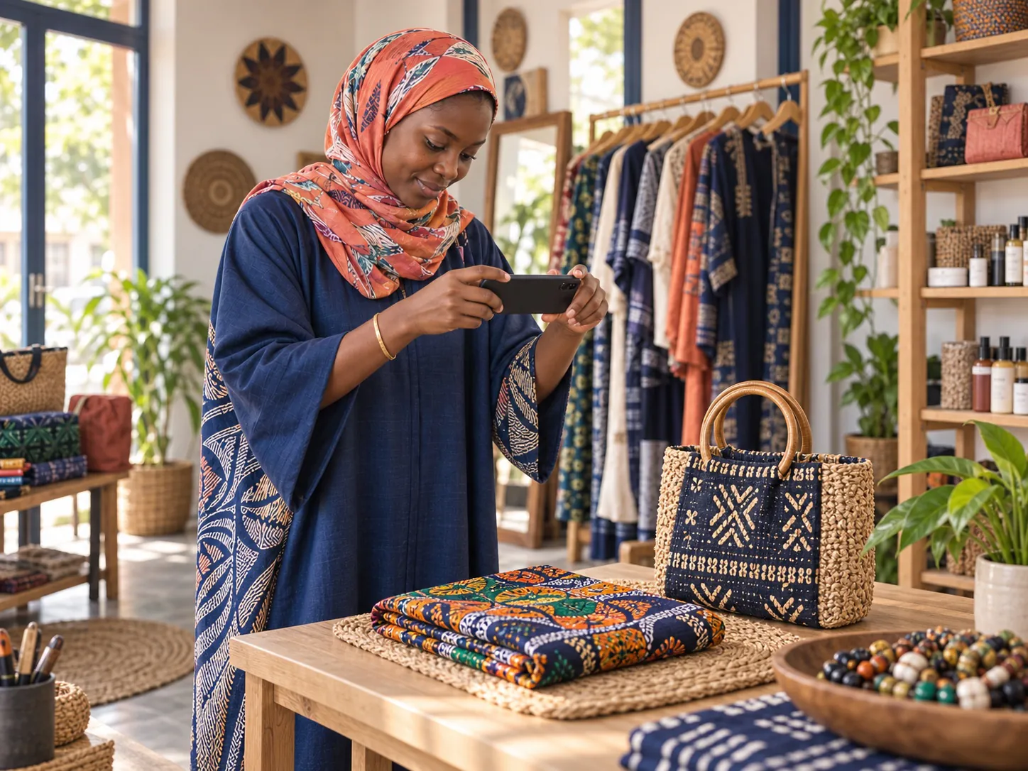 Jeune commerçante malienne en foulard photographiant ses produits avec son téléphone.